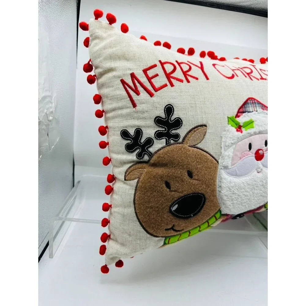 Merry Christmas Pillow Santa Reindeer Pom Pom Decorative Throw Cushion Holiday
